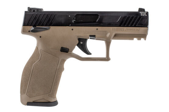 Taurus TX22 22lr 16-Round Pistol with Manual Safety with black slide and FDE frame